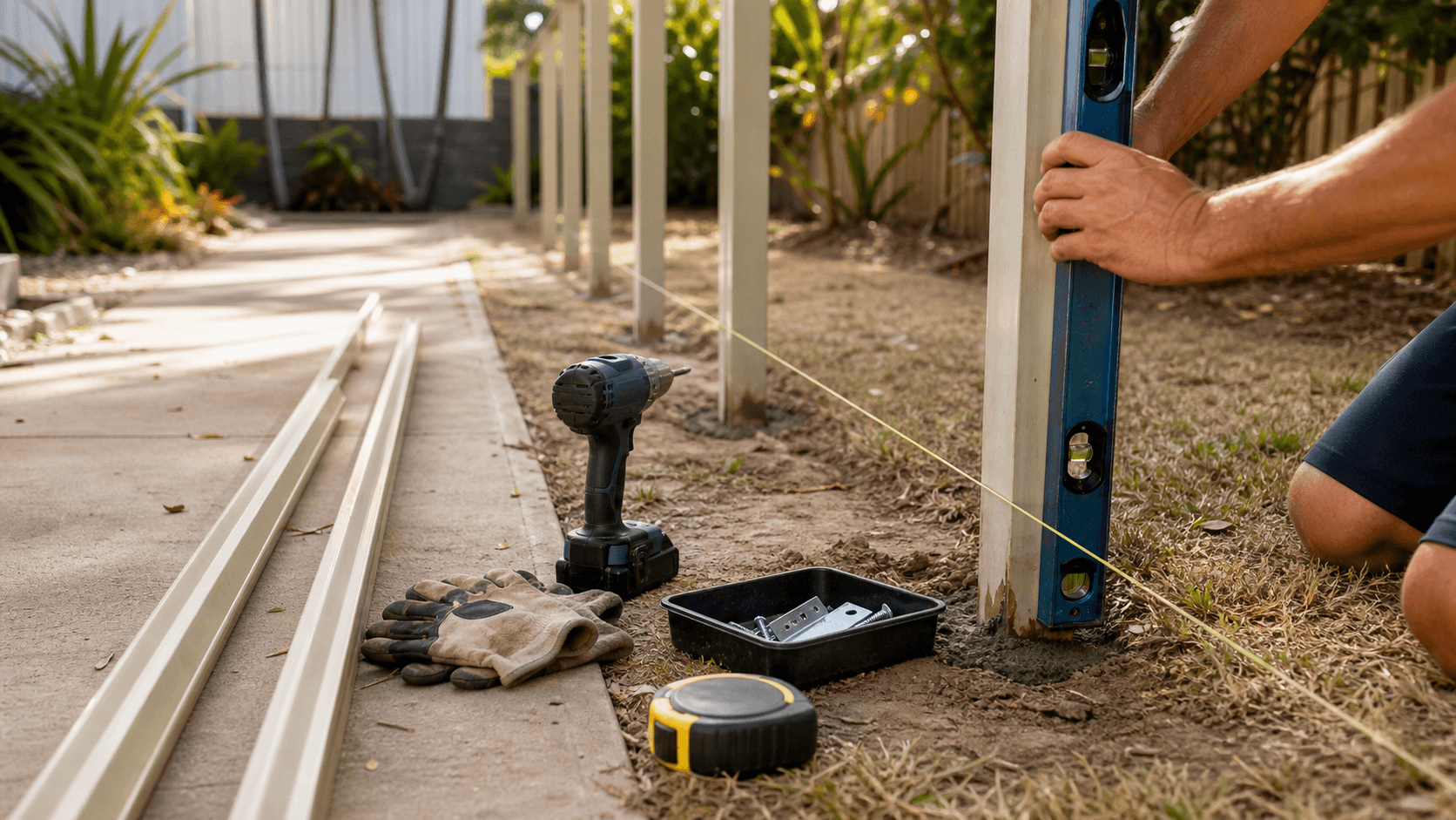 Fencing tools and materials at a property